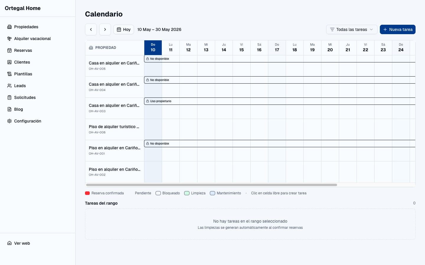 Calendario de reservas y disponibilidad, con tareas de limpieza