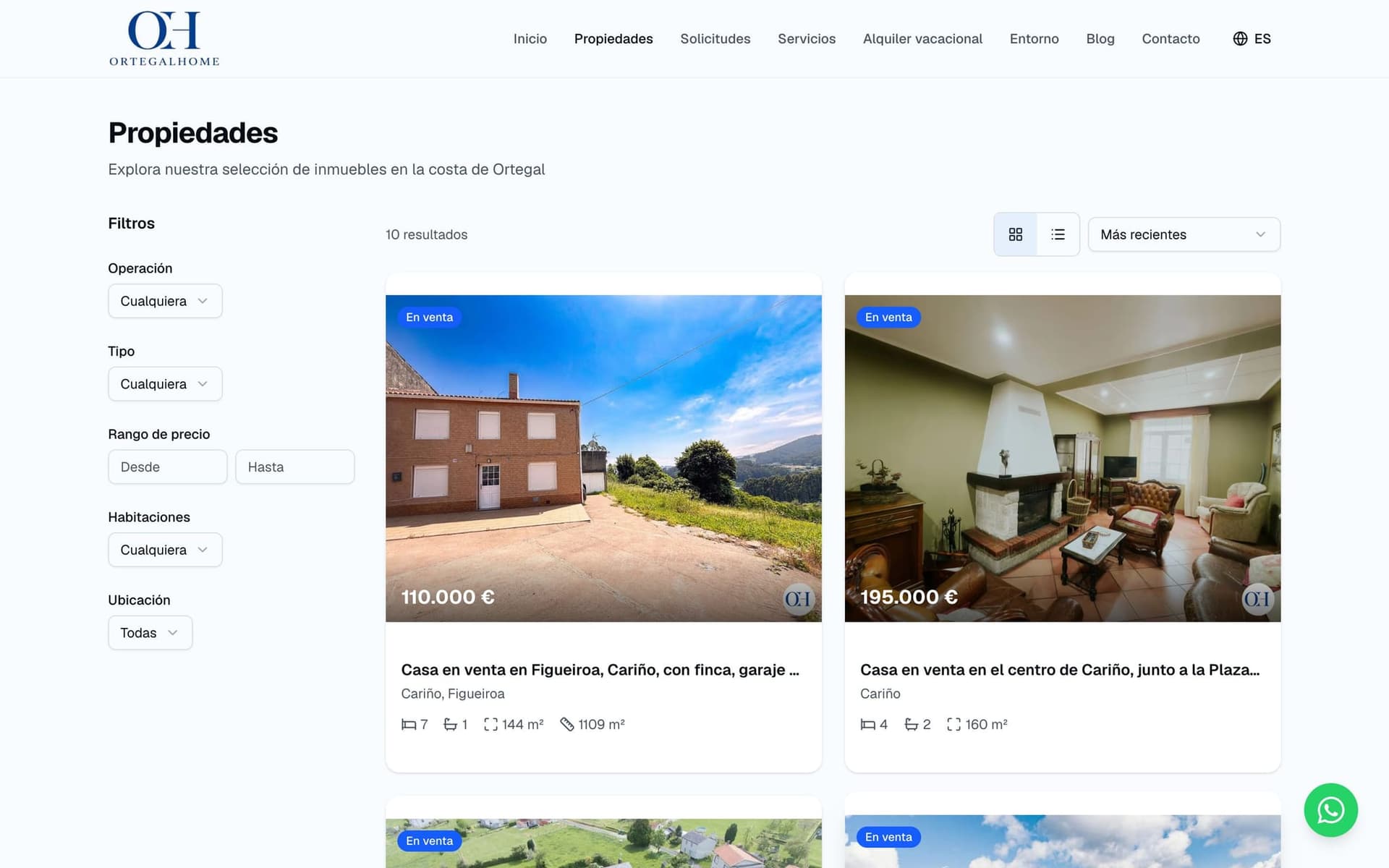 Catálogo de propiedades con filtros por operación, tipo y precio