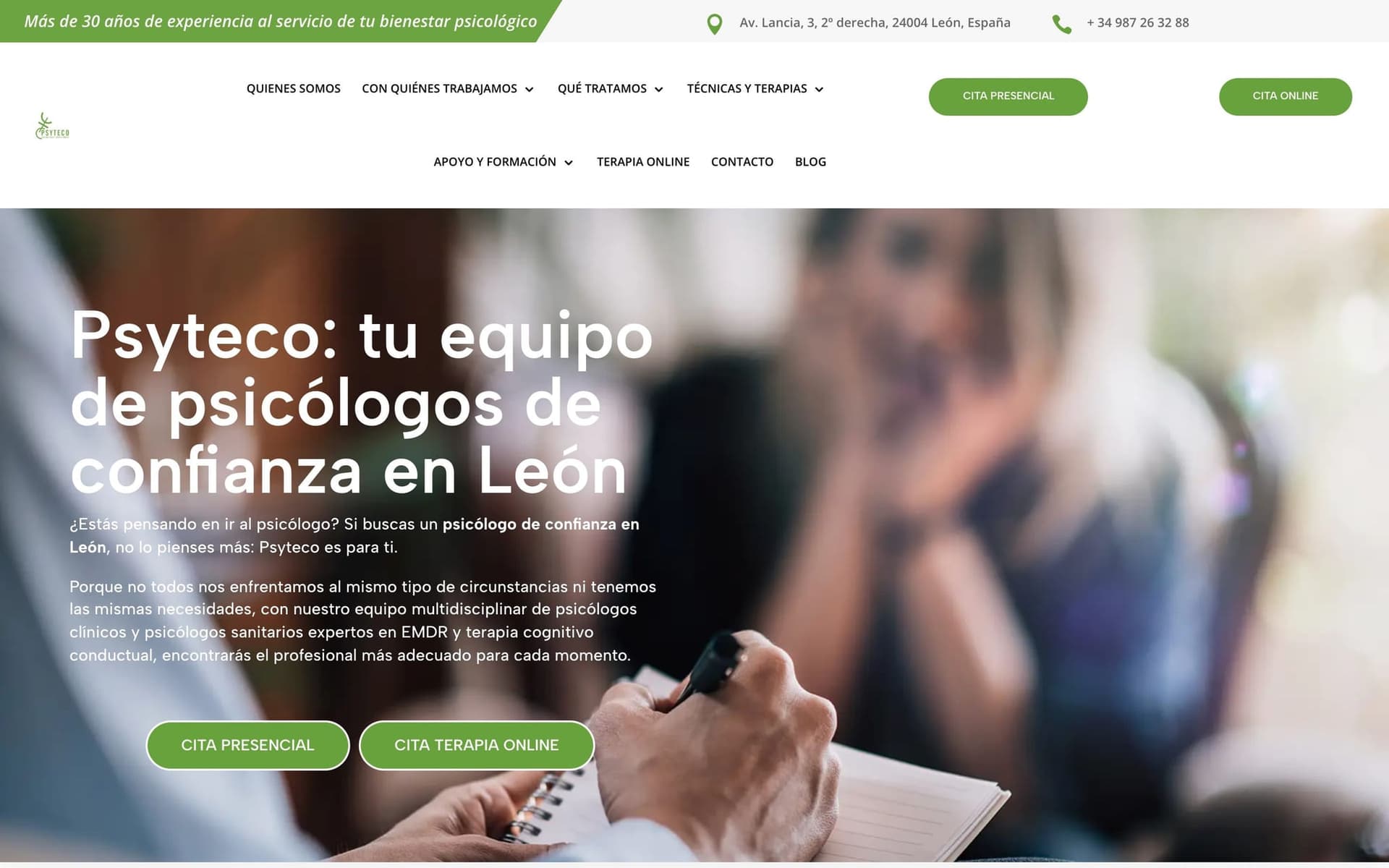 Captura de la página de inicio de Psyteco