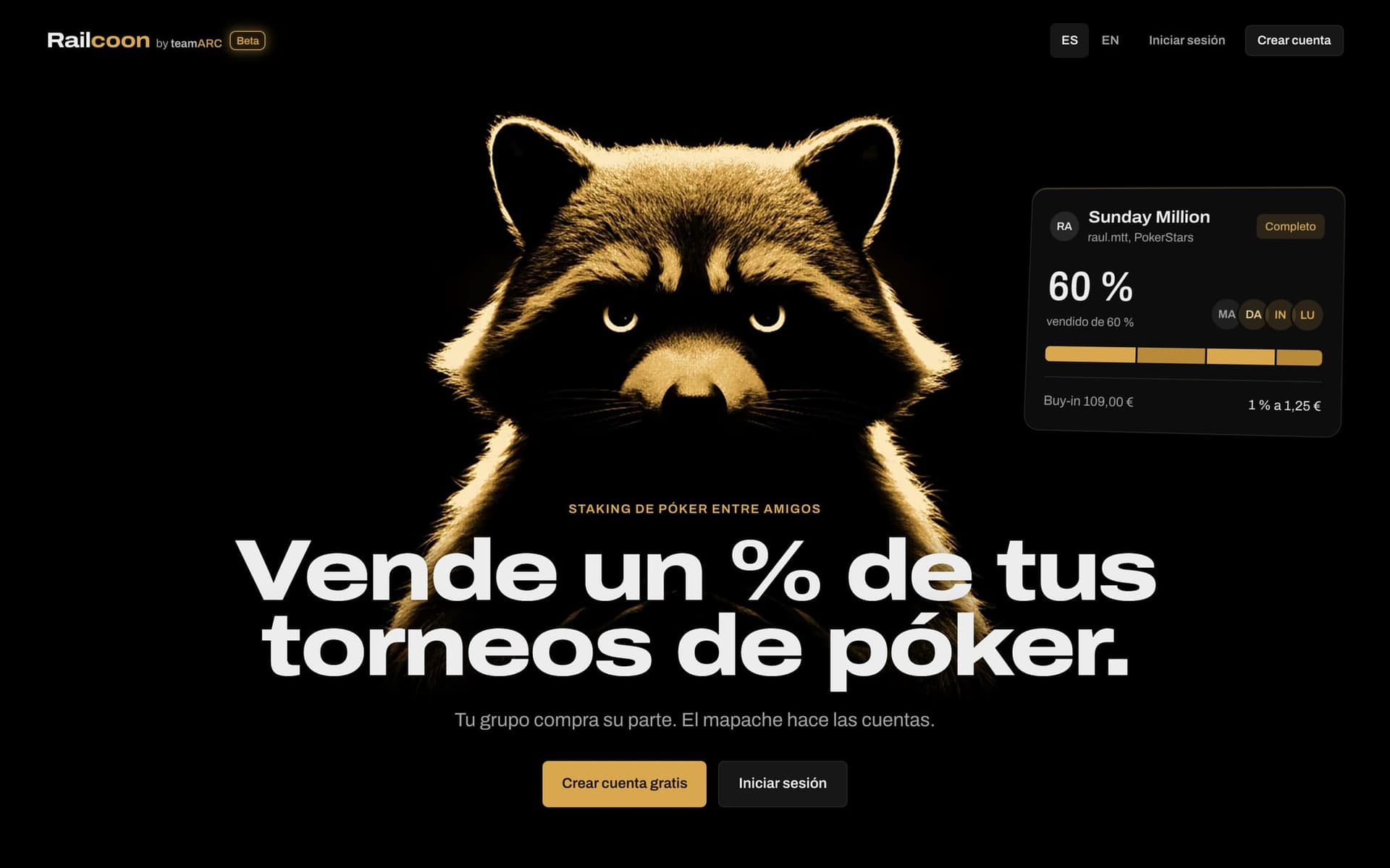 Captura de la página de inicio de Railcoon