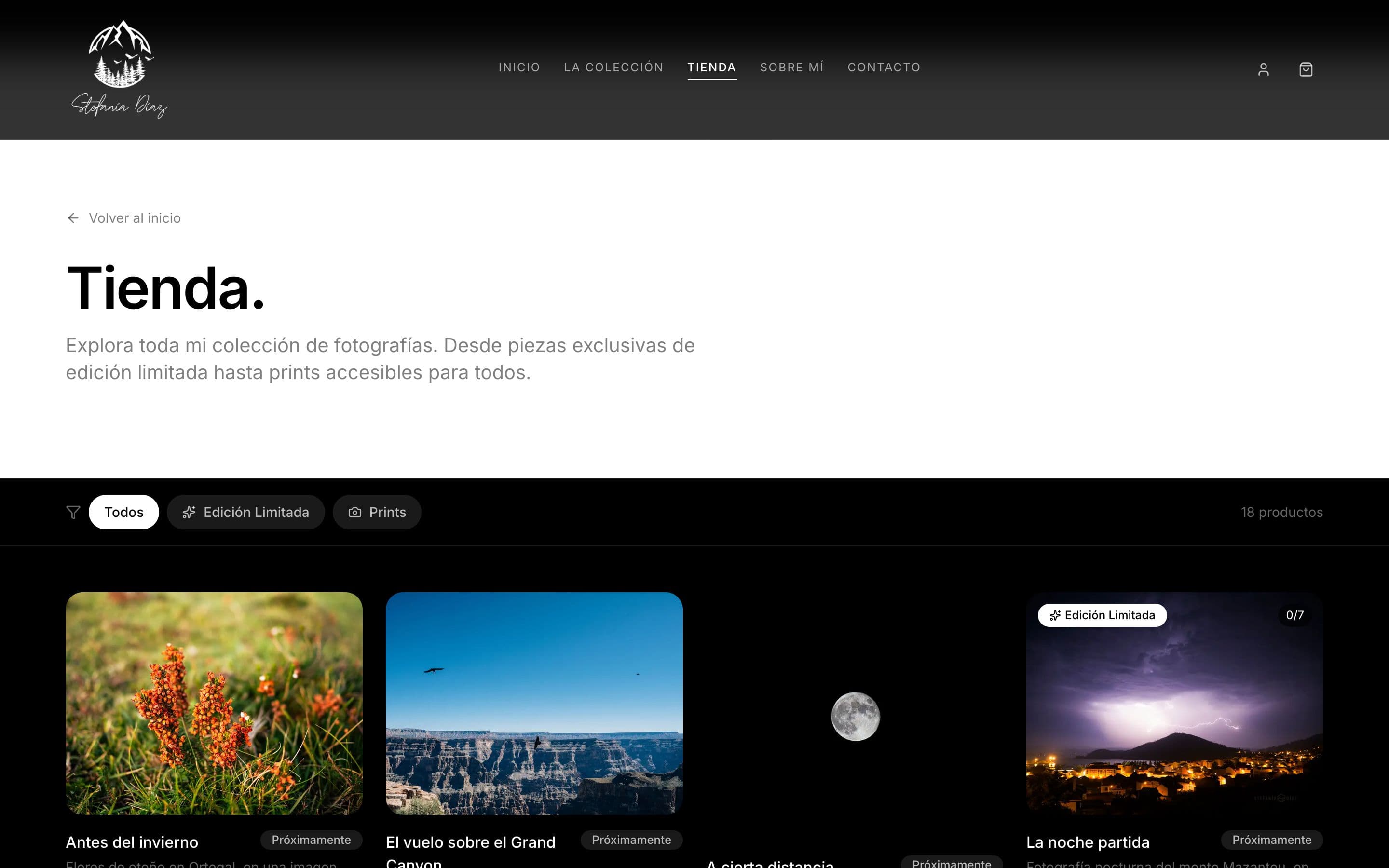 Tienda de prints, con filtros por colección