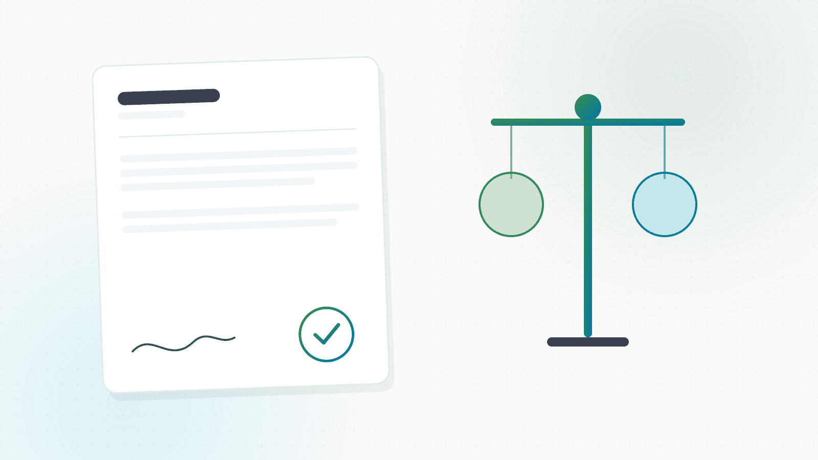 Ilustración de un documento con firma y sello de verificación junto a una balanza geométrica en equilibrio