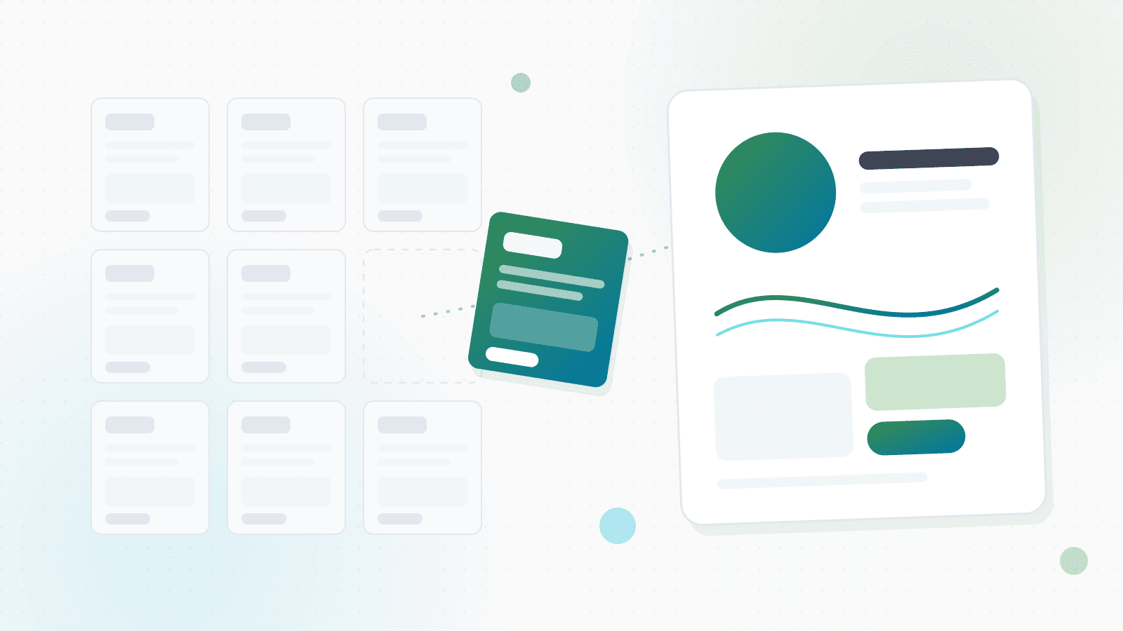Ilustración de una retícula de plantillas web idénticas de la que se desprende una página con diseño propio hacia un lienzo a medida